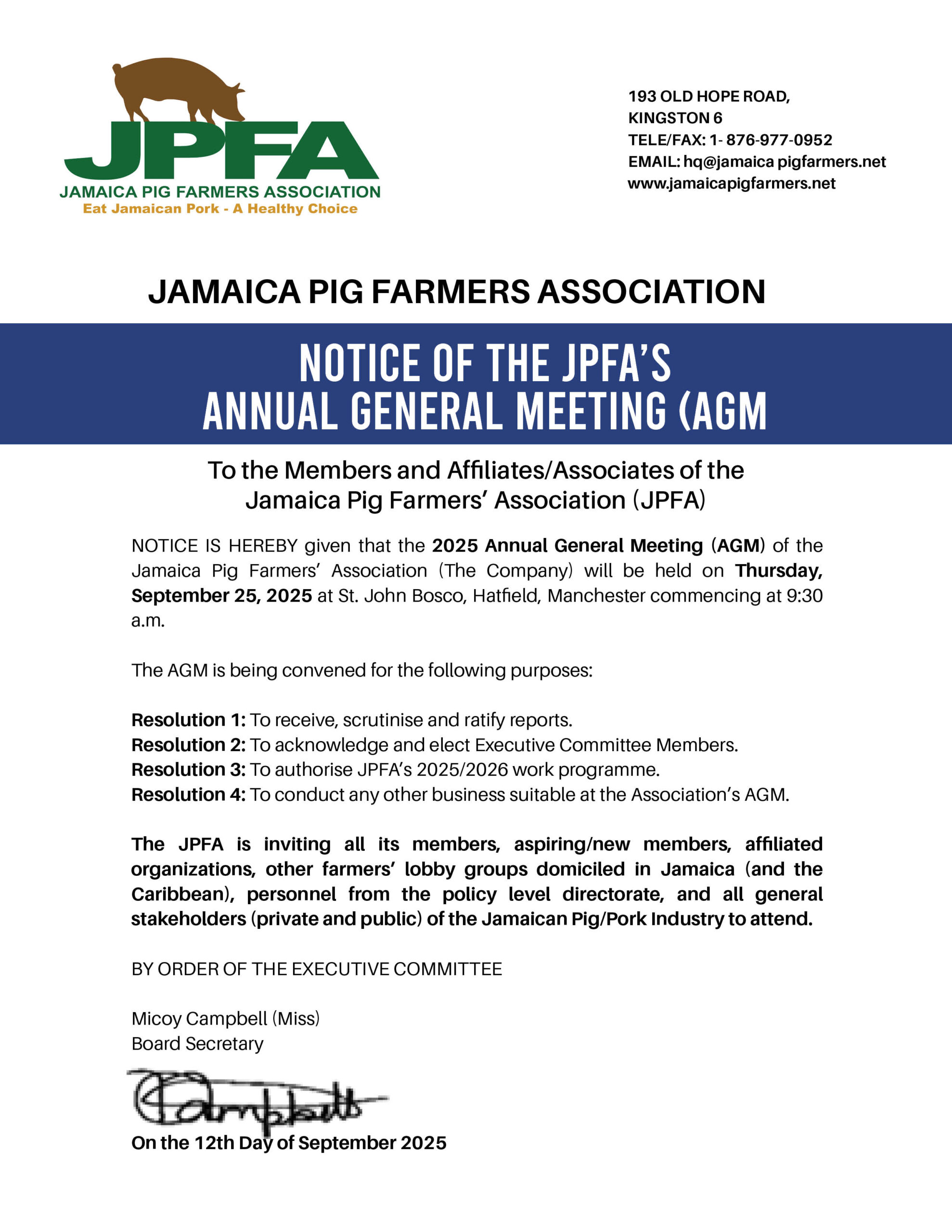 Notice of the JPFA Annual Meeting